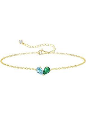 03-05 March&May Gold 2 Birthstone Heart Bracelet 14K Plated CZ